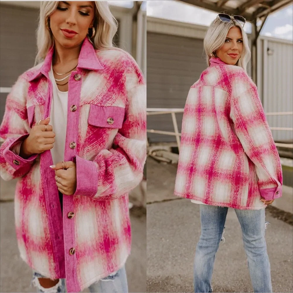 Entro Plaid Shacket Size XL Pink Corduroy Trim Button Front